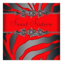 Red Black Zebra Sweet Sixteen Birthday Party Personalised Invite