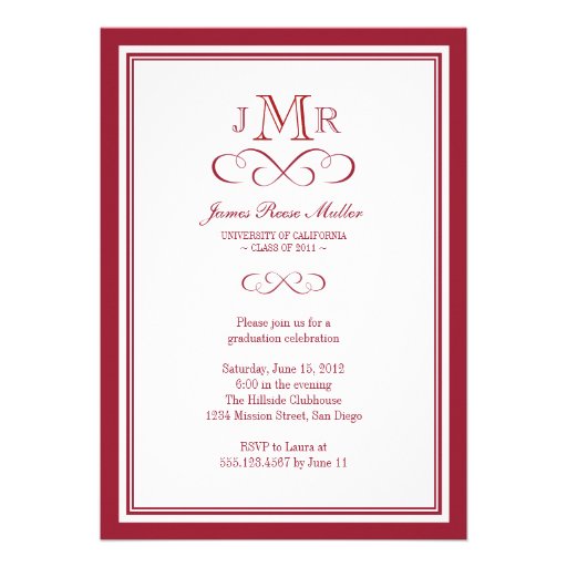 Red border frame classy monogram graduation personalised announcements