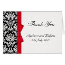 Red Bow Damask Wedding Thank You Cards
