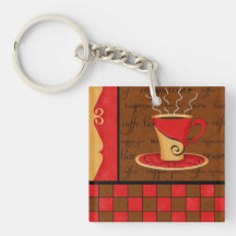 Red Brown Coffee Cup Checkerboard Art Customizable Square Acrylic Key Chains