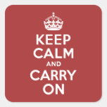 Red Brown Keep Calm and Carry On Square Sticker