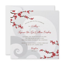 Red Cherry Blossom Sakura Swirls Wedding Invite