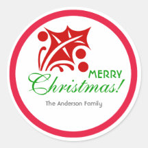 Red Christmas Holly Leaf Round Stickers