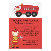 Red, Cute Fireman Boys Birthday Invitation