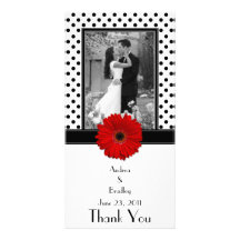 Red Daisy Black White Polka Dot Wedding Photocard Picture Card
