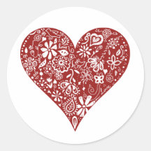 Red Doodle Heart Round Stickers