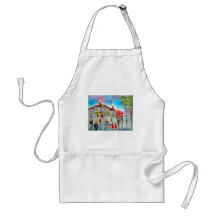 Red double decker bus street scene painting aprons