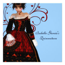Red Dress Heart Swirls Elegant Blue Quinceanera Custom Invites