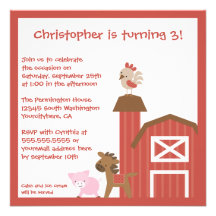 Red farm animals boy's birthday party invitation