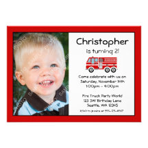Red Fire Engine Birthday Party Photo Invitations