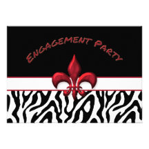 Red Fleur de Lis Zebra Pattern Engagement Party Cards