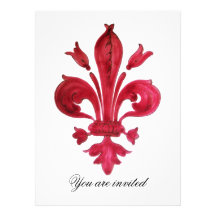 RED FLEUR DE LISE DAMASK MONOGRAM INVITES
