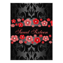 Red Flower Damask Sweet16 Birthday Invite