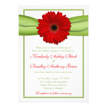 Red Gerber Daisy Green Ribbon Wedding Invitation