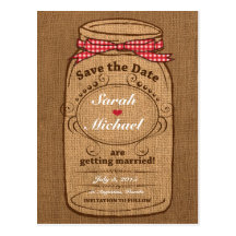 Red Gingham & Burlap Mason Jar Save the Date Postcard