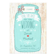 Red Gingham & Mint Mason Jar Save the Date Invite