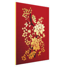 Red , Gold & Black Floral Oriental style Wrapped Canvas Print