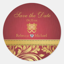 Red & Gold Damask, Chinese Double Happiness Round Stickers