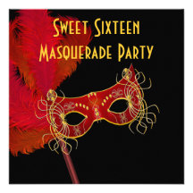 Red Gold Feather Mask Sweet 16 Masquerade Party Personalized Announcement