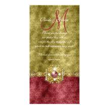 Red gold olive damask wedding personalized photo card