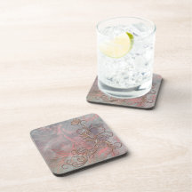 Red Gold Shaded Floral Corkback Coaster Sets