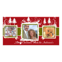 Red Green Grunge Pine Swirls Holiday Family Photo Photo Greeting Card