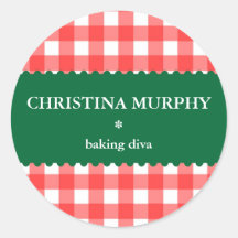 Red green holiday gingham homemade food label seal round sticker