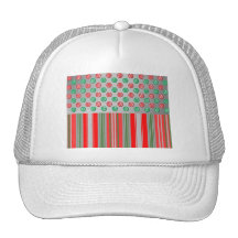 Red green snowflakes in circles on silver stripes mesh hats