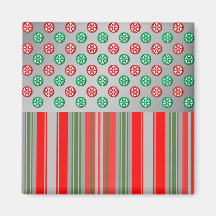 Red green snowflakes in circles on silver stripes magnet