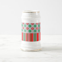 Red green snowflakes in circles on silver stripes coffee mug