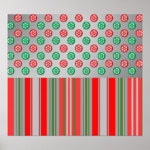 Red green snowflakes in circles on silver stripes poster