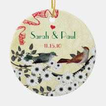 Red & Green Vintage Birds on Blooming Branch Christmas Tree Ornaments