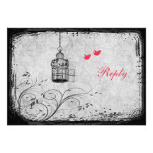 Red, Grey Birdcage Lovebirds Reply Card Custom Invitation