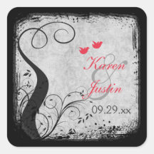 Red, Grey Lovebirds, Birdcage Wedding Sticker