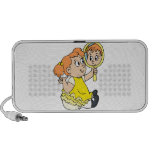 red haired girl yellow dress iPod speaker