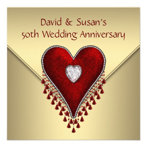Red Heart Gold 50th Wedding Anniversary Party Custom Announcements