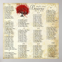 Red Heart Leaf Damask Wedding Seating Chart Poster