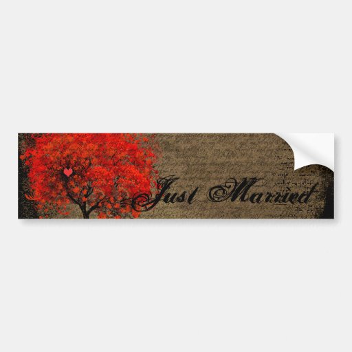 Red Heart Leafed Tree Just Married Bumper Sticker