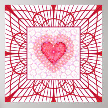 Red Heart with Fractal Flower Faux Frame Poster
