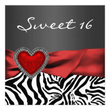 Red Heart Zebra Black White Sweet 16 Party Personalized Invitation