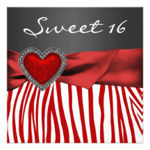 Red Heart Zebra Black White Sweet 16 Party Invitations