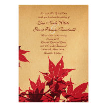 Red Leaves on Gold Wedding Invitations
