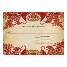Red, Lime & Orange Vintage Paisley Peacock RSVP Invites