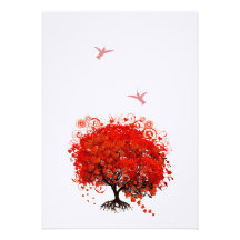 Red Love Tree Birds 5 x 7 Wedding Invitation