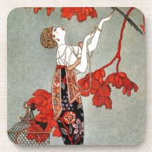 Red Madame Art Deco Design Beverage Coasters