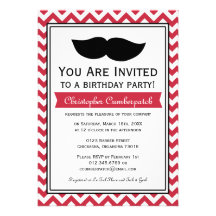 Red Moustache Chevron Birthday Party Invite