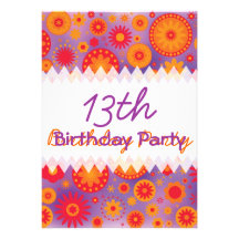 Red Orange & Purple Hippy Flower Birthday Custom Invite