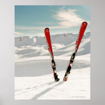 Red pair of ski standing in snow print