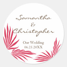Red palm leaves tropic wedding favour seal label round sticker