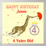 Red & Purple Flying Giraffe Birthday Poster